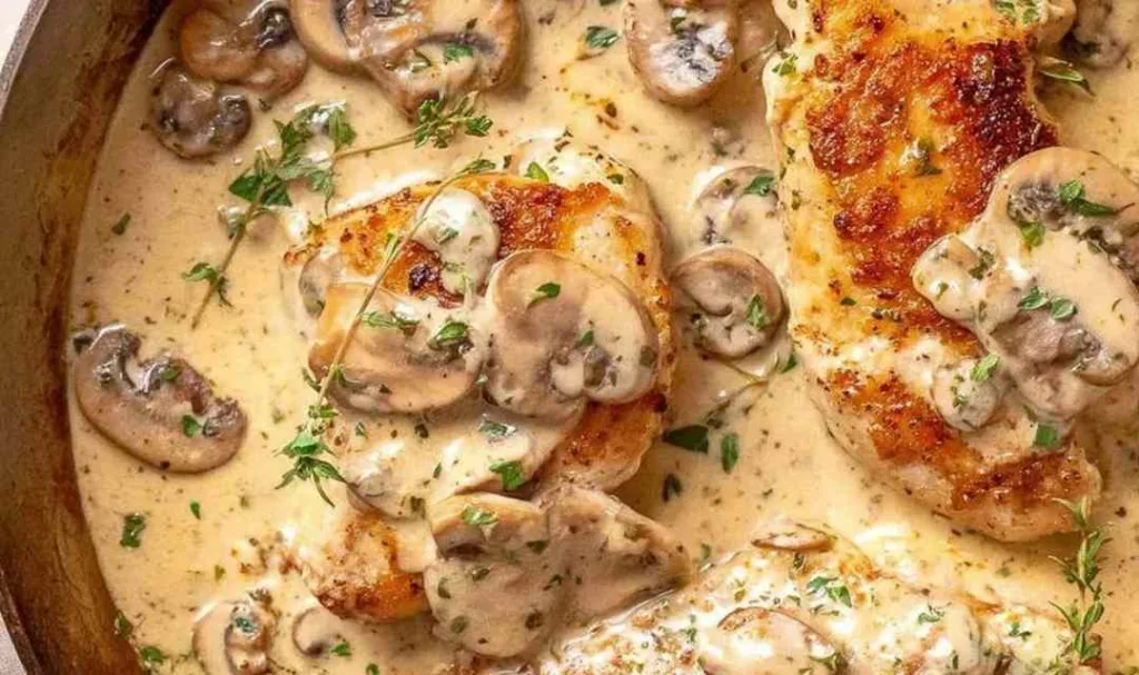 Chicken breast in creamy mushroom sauce in a skillet