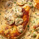 Chicken breast in creamy mushroom sauce in a skillet