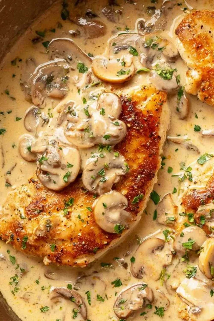 Chicken breast in creamy mushroom sauce in a skillet