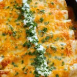 Easy chicken enchiladas in a 9x13 baking dish with melted Mexican cheese fresh from the oven