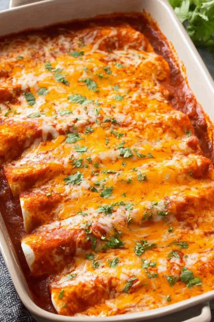 homemade chicken enchiladas in a baking pan with melted cheese and cilantro