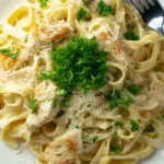 Easy chicken fettuccine alfredo in a white bowl garnished with fresh parsley and cracked black pepper