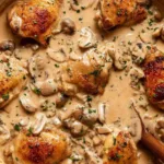 Chicken fricassee recipe in a pot with creamy white mushroom sauce and golden browned chicken pieces