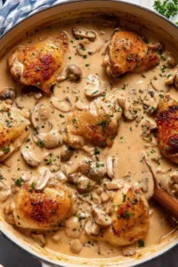 Chicken fricassee recipe in a pot with creamy white mushroom sauce and golden browned chicken pieces