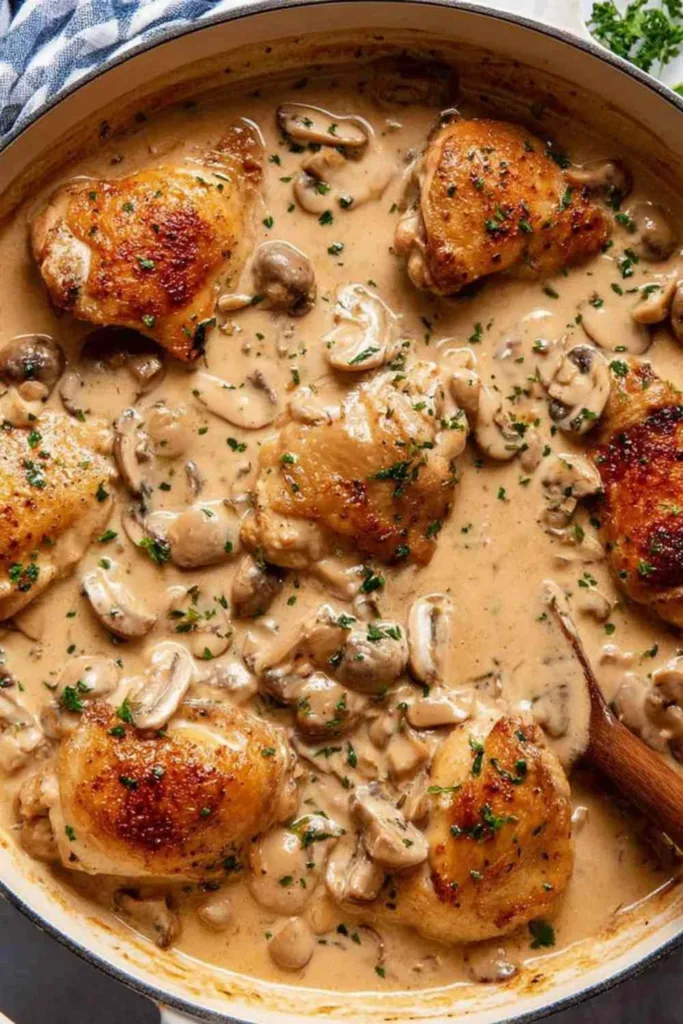 Chicken fricassee recipe in a pot with creamy white mushroom sauce and golden browned chicken pieces