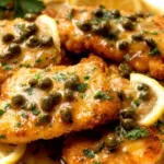 Chicken piccata recipe with crispy parmesan crust and lemon butter caper sauce served on a white plate