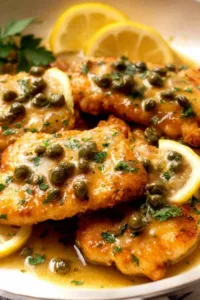 Chicken piccata recipe with crispy parmesan crust and lemon butter caper sauce served on a white plate