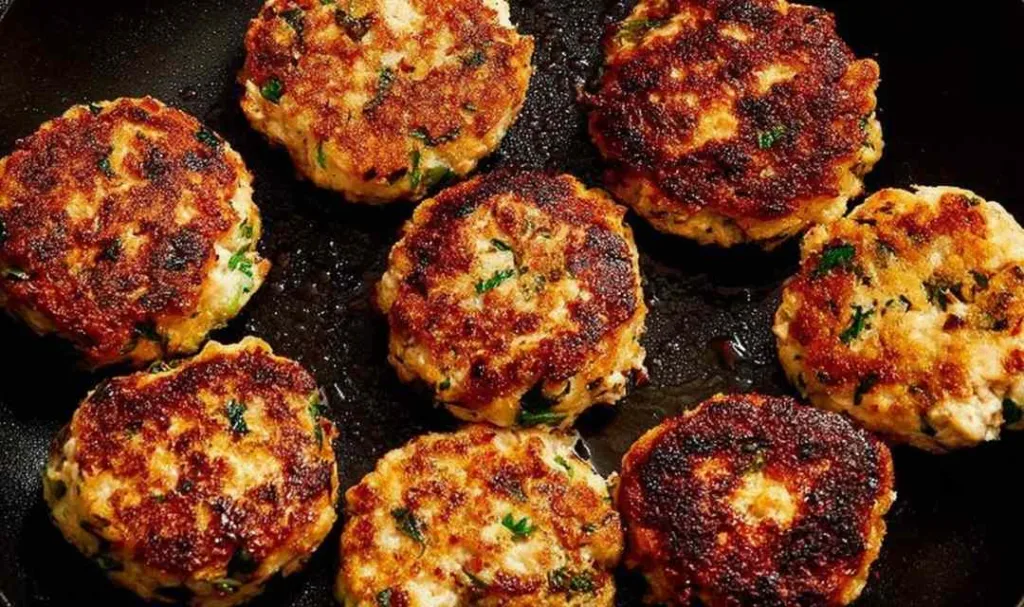 Chicken rissoles recipe served on a white plate with ketchup dipping sauce