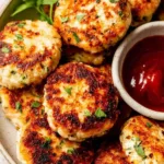 Chicken rissoles recipe served on a white plate with ketchup dipping sauce