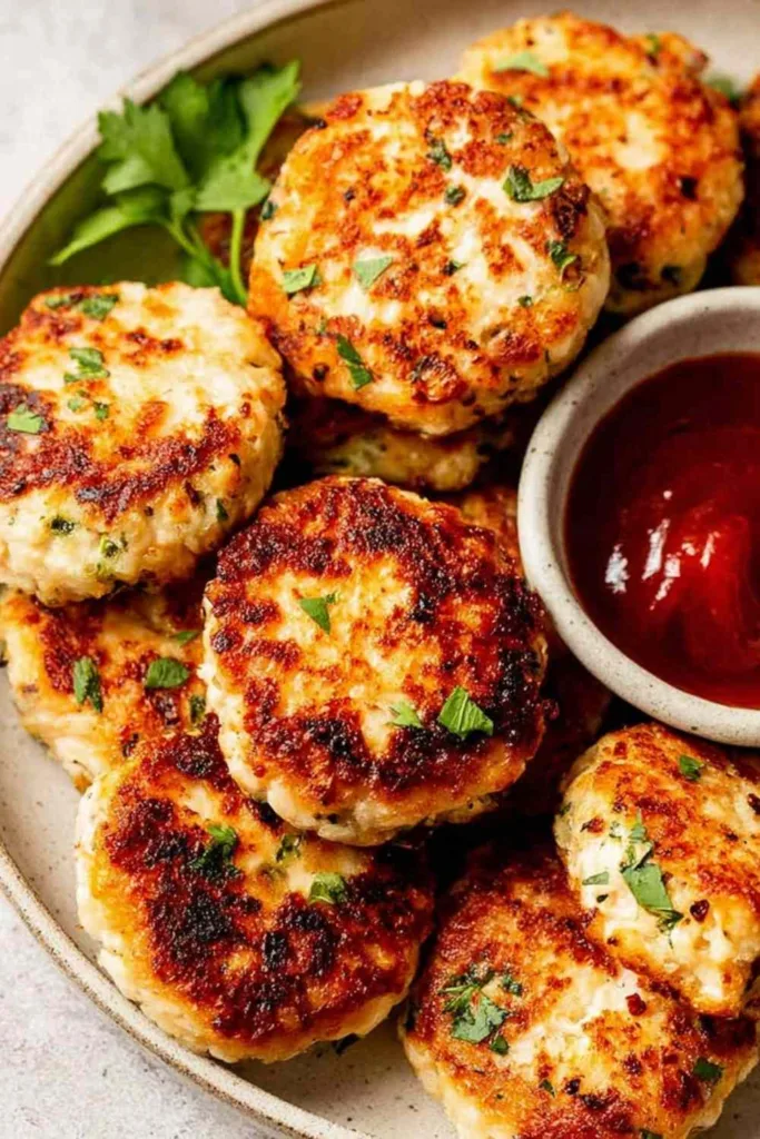 Chicken rissoles recipe served on a white plate with ketchup dipping sauce