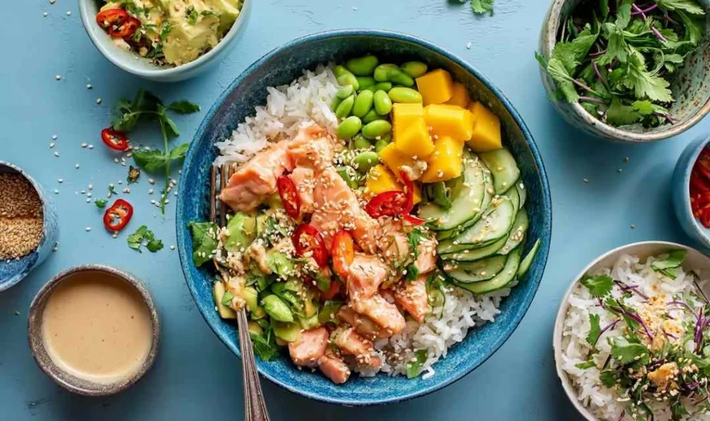 Coconut rice salmon bowl topped with mango, avocado, edamame, cucumber, and coconut lime dressing