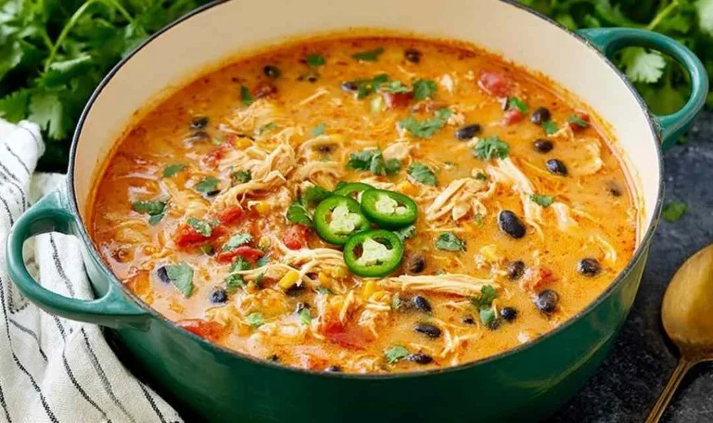 A bowl of creamy chicken enchilada soup topped with shredded cheese and fresh cilantro
