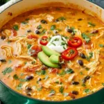 A bowl of creamy chicken enchilada soup topped with shredded cheese and fresh cilantro
