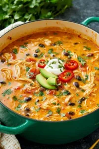 A bowl of creamy chicken enchilada soup topped with shredded cheese and fresh cilantro