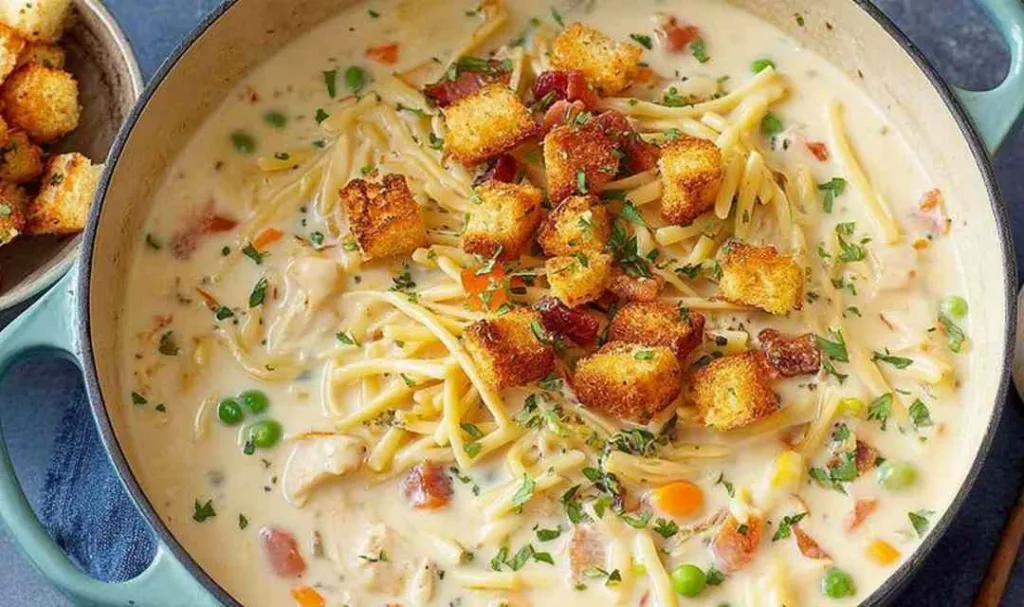 A bowl of creamy chicken noodle soup topped with crispy bacon bits, mini croutons, and fresh parsley