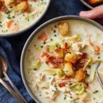 A bowl of creamy chicken noodle soup topped with crispy bacon bits, mini croutons, and fresh parsley