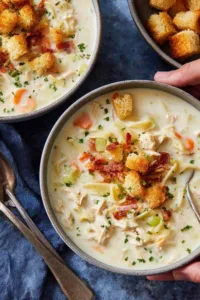 A bowl of creamy chicken noodle soup topped with crispy bacon bits, mini croutons, and fresh parsley