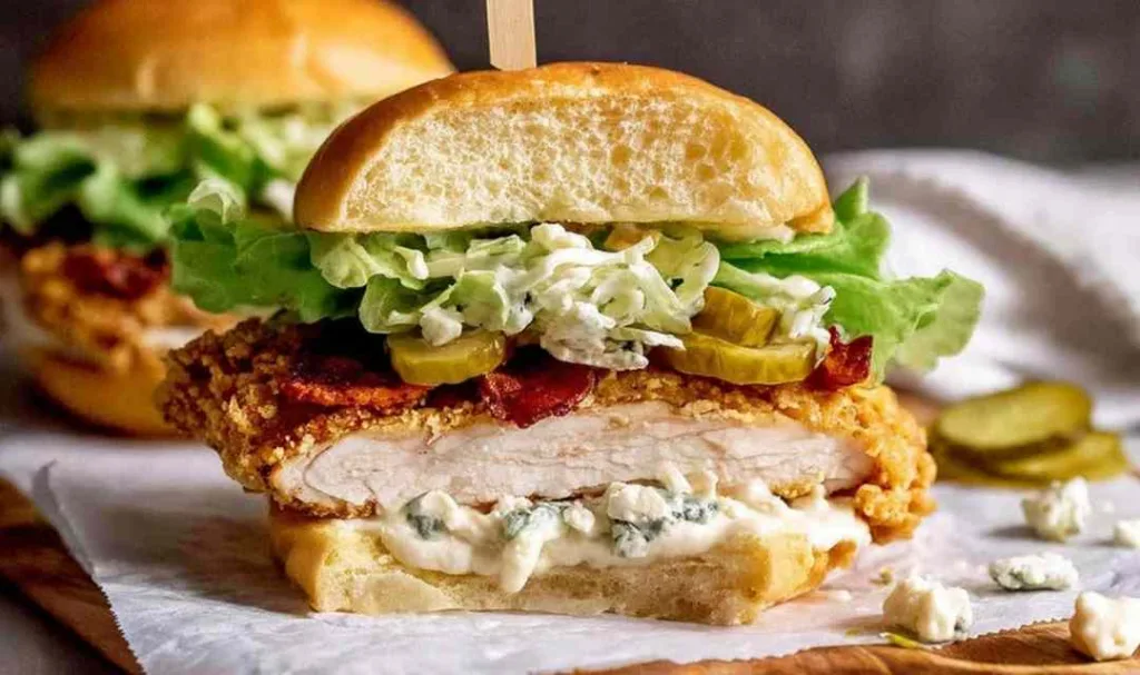 Crispy fried chicken burger stacked on a brioche bun with lettuce and pickles