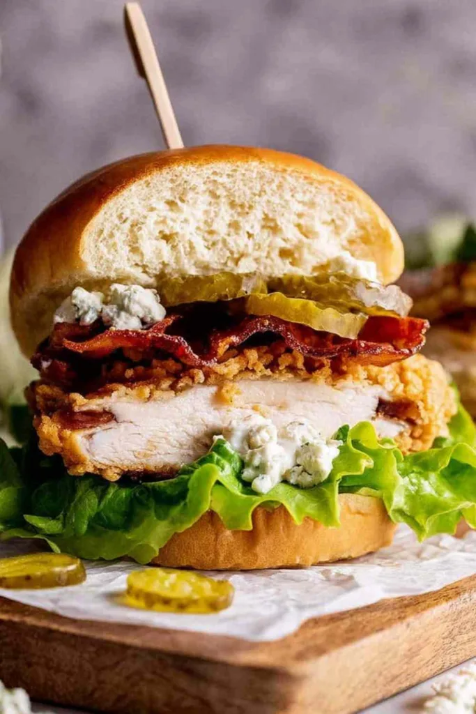 Crispy fried chicken burger stacked on a brioche bun with lettuce and pickles