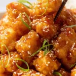 Crispy honey chicken recipe piled on plate with sesame seeds and green onions