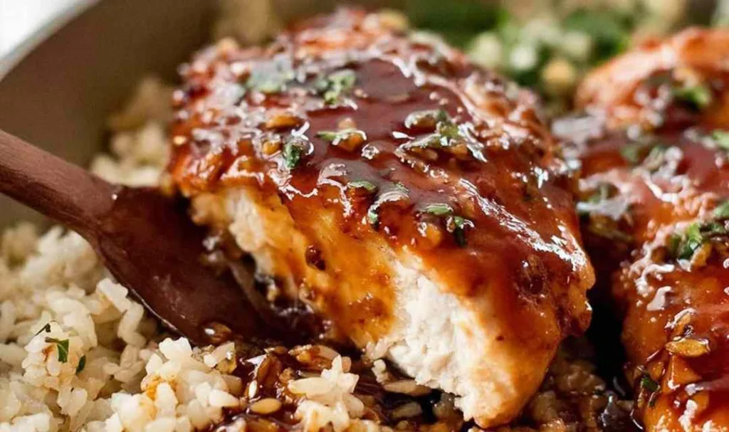 honey garlic chicken breast in skillet with glossy sauce