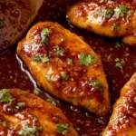 honey garlic chicken breast in skillet with glossy sauce