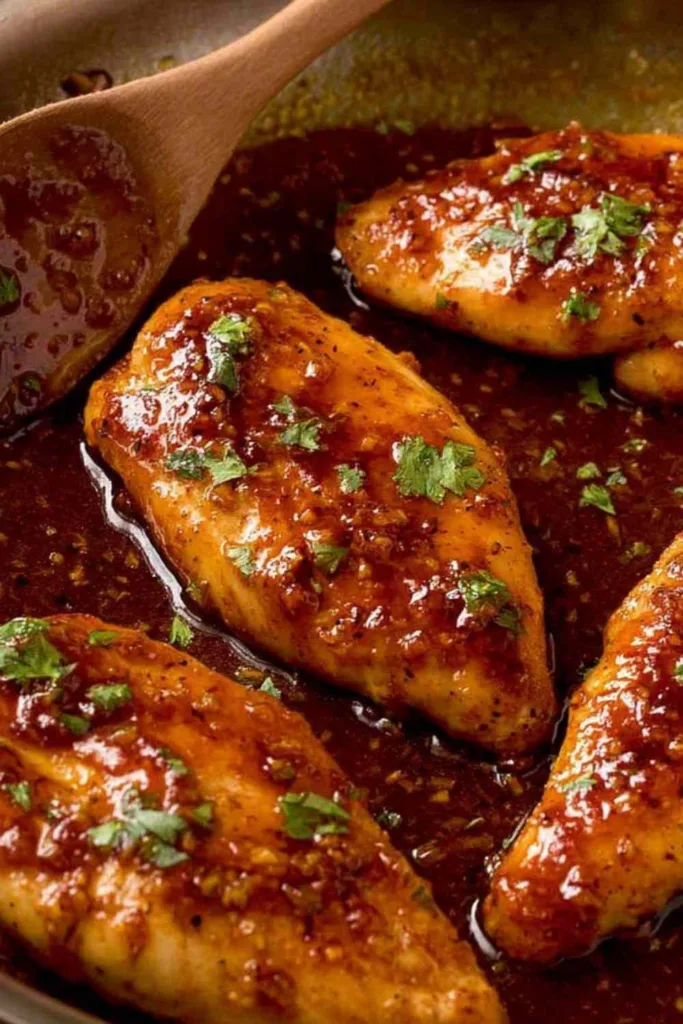 honey garlic chicken breast in skillet with glossy sauce