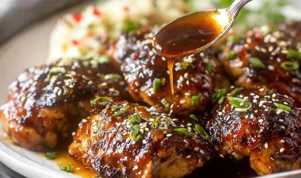 Honey soy chicken marinade drizzled over grilled boneless chicken thighs garnished with sesame seeds and green onion