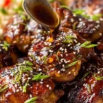 Honey soy chicken marinade drizzled over grilled boneless chicken thighs garnished with sesame seeds and green onion