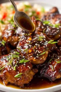 Honey soy chicken marinade drizzled over grilled boneless chicken thighs garnished with sesame seeds and green onion