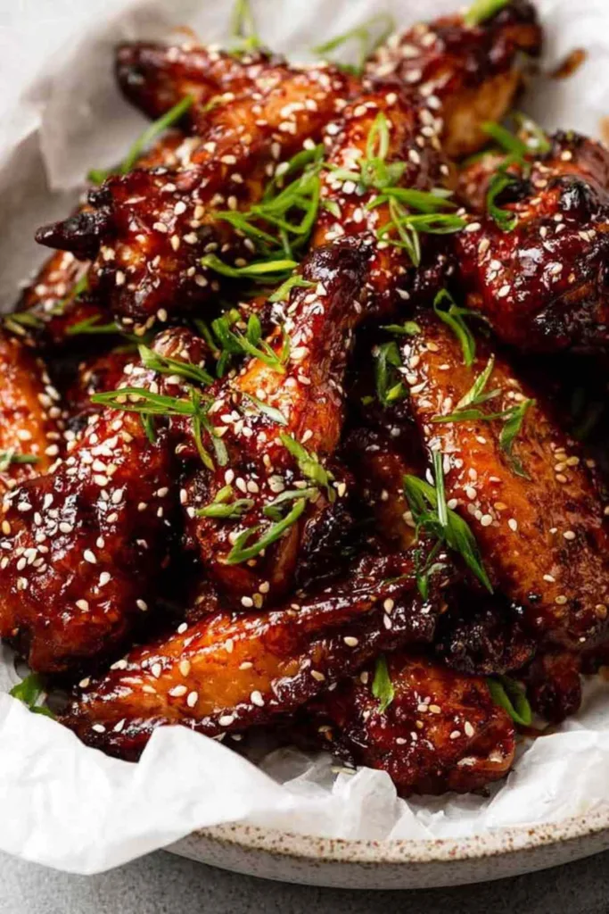 honey soy wings glazed and golden in a white serving bowl