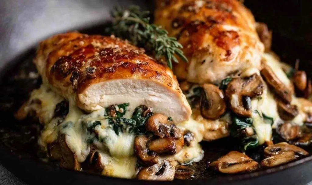 Mushroom stuffed chicken breast in a cast iron skillet fresh from the oven