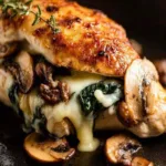 Mushroom stuffed chicken breast in a cast iron skillet fresh from the oven