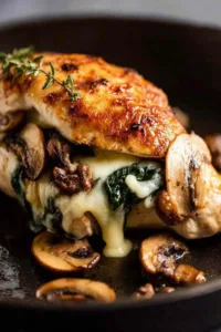 Mushroom stuffed chicken breast in a cast iron skillet fresh from the oven