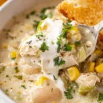 slow cooker creamy white chicken chili in a white bowl topped with cilantro sour cream and lime