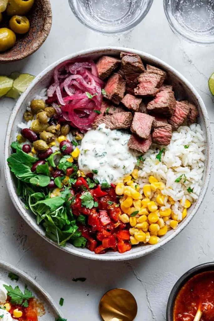 Steak bowl with garlic butter seared steak, rice, kidney beans, corn, tomato and mixed greens Filename: steak-bowl-recipe-garlic-butter.jpg