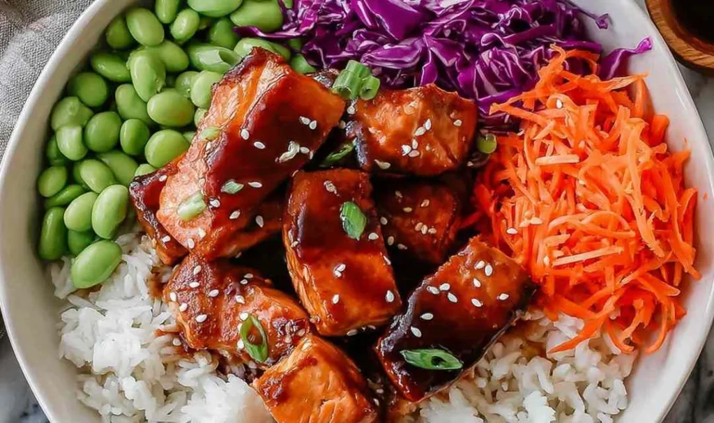 teriyaki salmon bowl with homemade teriyaki sauce rice and fresh vegetables