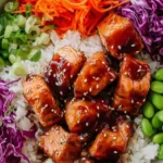 teriyaki salmon bowl with homemade teriyaki sauce rice and fresh vegetables