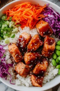 teriyaki salmon bowl with homemade teriyaki sauce rice and fresh vegetables