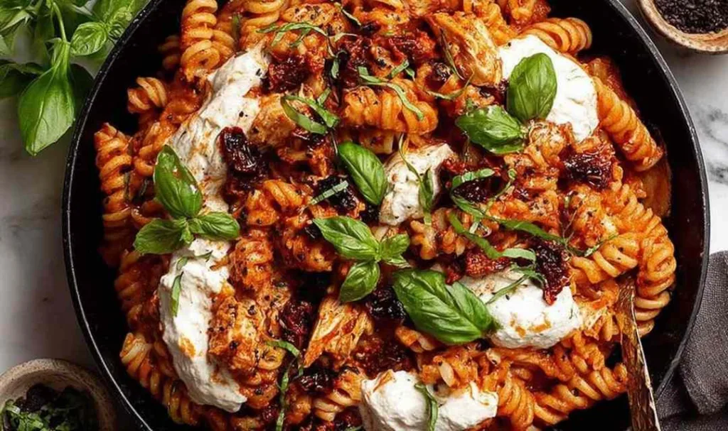 Whipped Ricotta One Pot Chicken Pasta in a bowl with basil