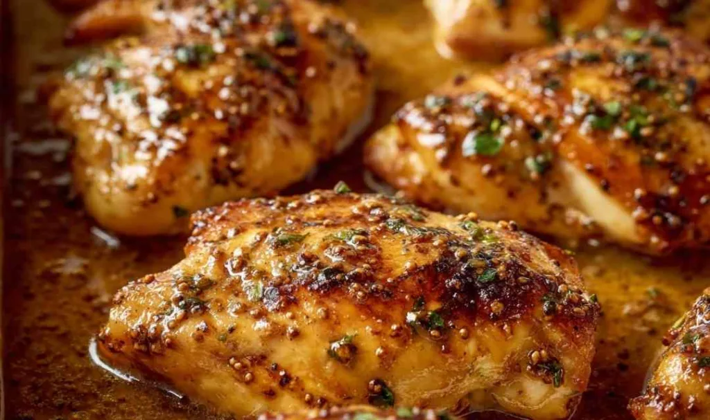Juicy baked chicken breasts coated in honey mustard sauce in a white baking dish garnished with fresh parsley