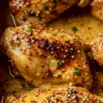 Juicy baked chicken breasts coated in honey mustard sauce in a white baking dish garnished with fresh parsley