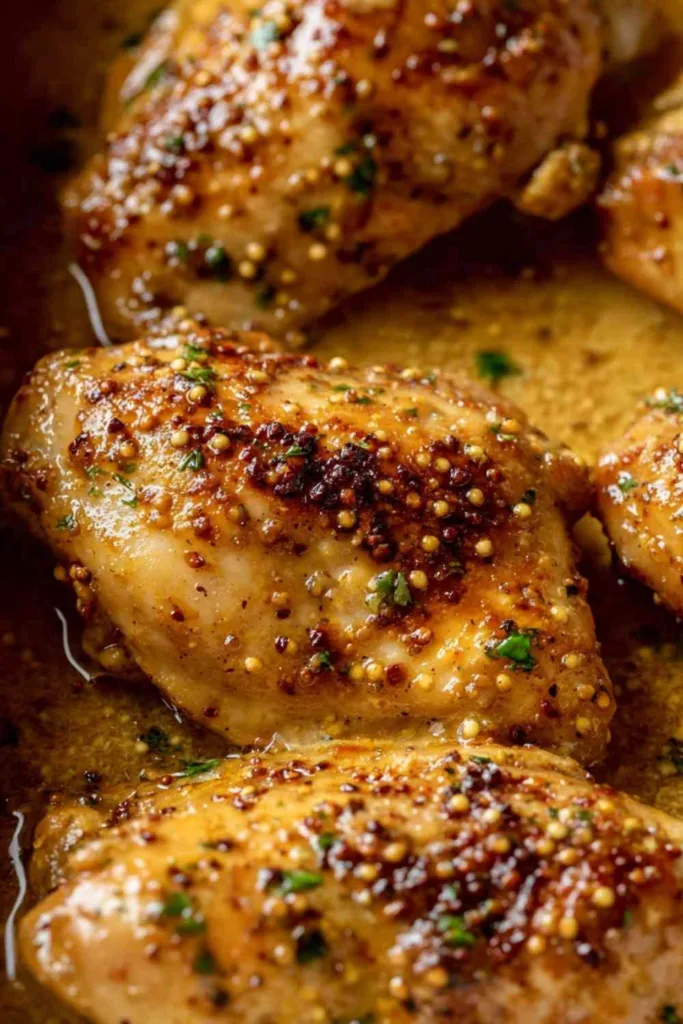 Juicy baked chicken breasts coated in honey mustard sauce in a white baking dish garnished with fresh parsley