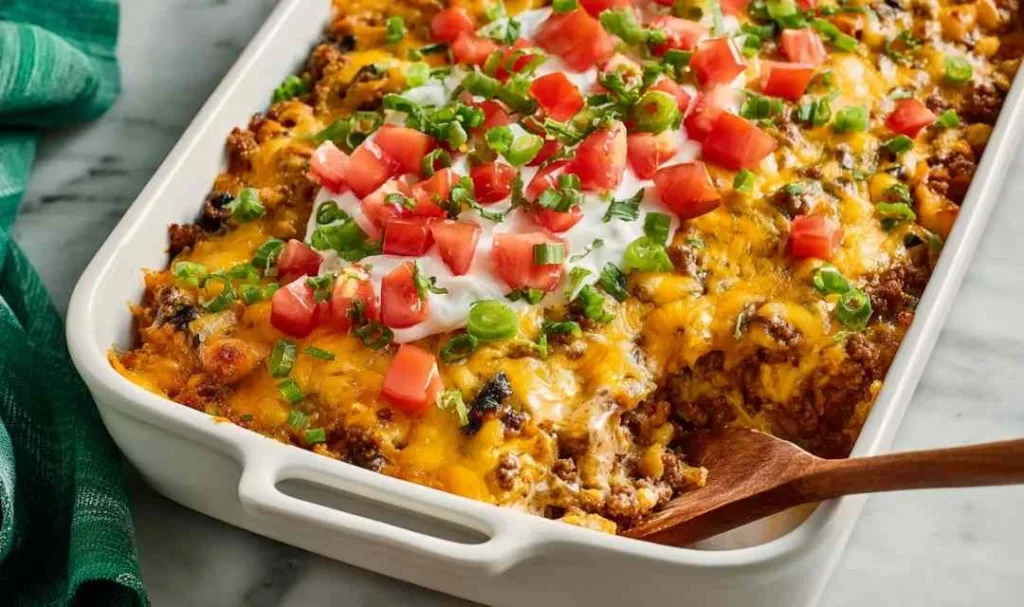Bubbling taco casserole with melted cheddar cheese in a 9x13 baking dish fresh from the oven