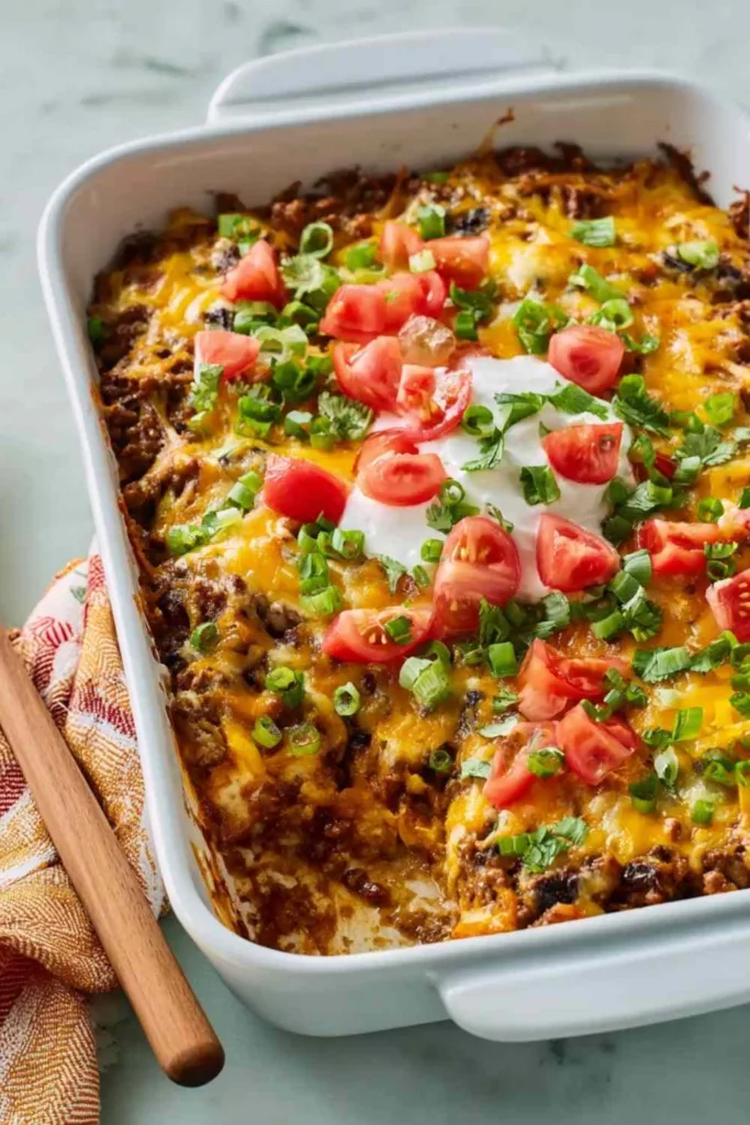 Bubbling taco casserole with melted cheddar cheese in a 9x13 baking dish fresh from the oven
