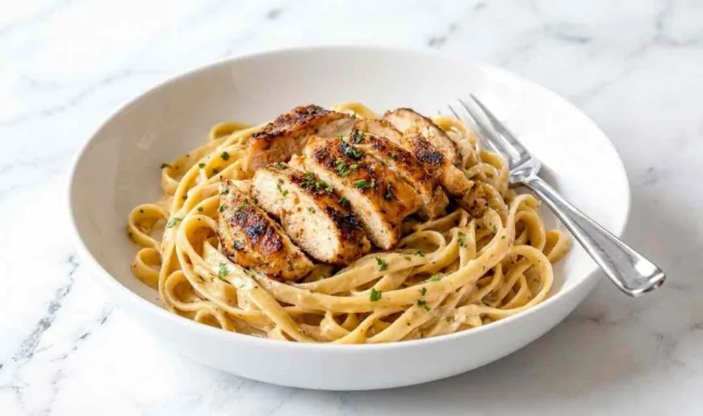 Blackened chicken alfredo in a skillet with sliced Cajun chicken over creamy fettuccine pasta garnished with fresh parsley