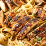 Blackened chicken alfredo in a skillet with sliced Cajun chicken over creamy fettuccine pasta garnished with fresh parsley