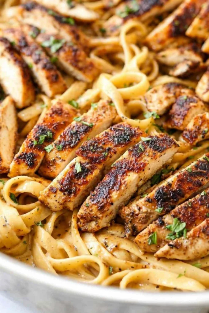 Blackened chicken alfredo in a skillet with sliced Cajun chicken over creamy fettuccine pasta garnished with fresh parsley