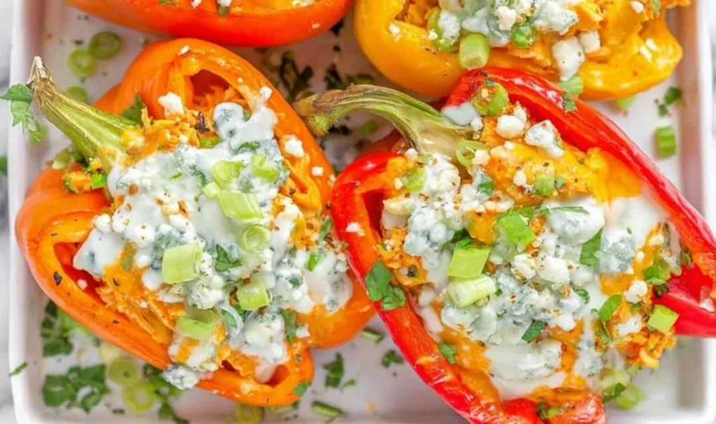 Buffalo chicken stuffed peppers topped with blue cheese and green onions in a glass baking dish
