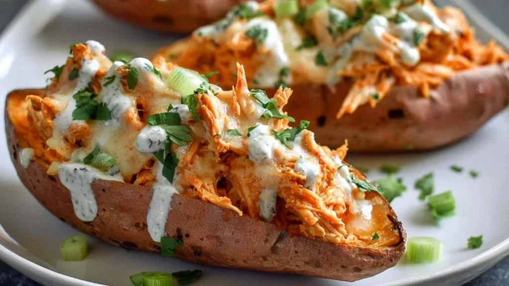 Overhead view of four buffalo chicken stuffed sweet potatoes drizzled with skinny blue cheese sauce on a lined baking sheet
